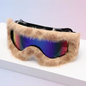 Ski goggles on a white display surface, with beige faux-fur trim and colorful mirrored lenses