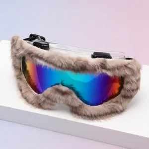 Close-up view of ski goggles with a soft faux-fur frame and vibrant rainbow mirrored lens
