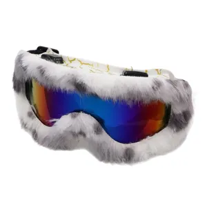 Fur-trimmed ski goggles with white patterned frame, colorful mirrored lens and adjustable strap
