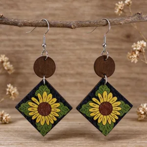 Vintage Pastoral Sunflower Wooden Earrings For Women Geometric Rhombus Patchwork Dangle Earrings Bohemian Floral Jewelry Zinc Alloy Hook