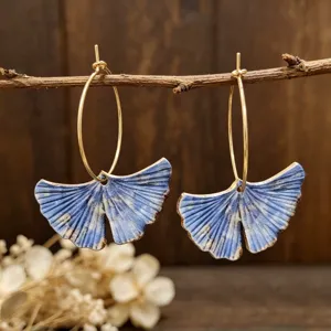 Pendientes de Aro con Gota de Hoja de Ginkgo Azul Retro para Mujer Aleación Ecológica Estilo Mori Artístico Joyería Vintage