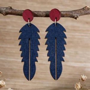 Pendientes de Gota de Pluma de Madera de Bohemia Color de Contraste Rojo Azul Hueco Estilo Étnico Madera para Mujeres