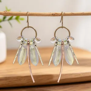 Pendientes de Gota Retro con Forma de Ala de Libélula para Mujer Aleación Envejecida Resina Pendientes Colgantes Estilo Insecto Bohemio