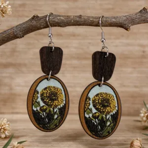 Vintage Oval Floral Printed Wood Drop Earrings Pastoral Style Flower Zinc Alloy Hook Wooden Dangle Earrings For Women Jewelry Gift