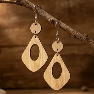 Böhmische Geometrische Doppellagige Holz Hohlraute Ohrhänger Für Damen Vintage Minimalistischer Holzschmuck Ohrringe