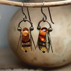 Boucles d'Oreilles Pendantes Forme d'Abeille à Rayures Contrastées en Résine et Alliage de Zinc Style Rétro pour Femmes Bijoux