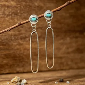 Pendientes de Gota de Aleación de Estilo Western Vintage Con Turquesa Artificial Oval Hueco Plata Antigua para Mujer