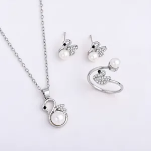 Silver-tone swan jewelry set with necklace, stud earrings and open ring, faux pearls and crystals