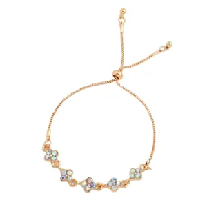 Gold-tone adjustable bracelet with five four-leaf clover flowers set with iridescent stones