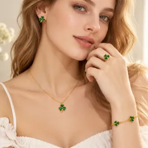 Fashion Alloy Clover Jewelry Set For Women Korean Lucky Four Leaf Clover Necklace Bracelet Ring Earrings Set Elegant Women Accessory Gift
