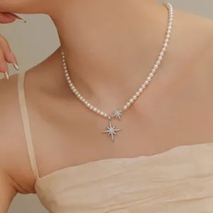 Elegant Eight-pointed Star Pendant Necklace For Women Artificial Pearl Zirconia Inlaid Copper Chain Fashion Jewelry Gift