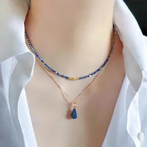 Natural Lapis Lazuli Beaded Necklace Titanium Steel Pendant For Women Multi-faceted Stone Layered Choker Light Luxury Neck Chain