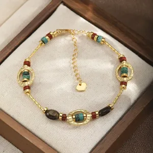 Retro New Chinese Style Natural Tiger Eye Stone Picture Stone Bracelet Necklace For Women Stainless Steel Heart Pendant Jewelry