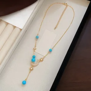 18K Gold Plated Brass Zirconia Moon Star Pendant Necklace Light Luxury Turquoise Tiger Eye Beads Choker Jewelry For Women