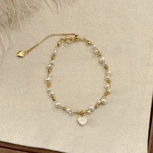 Bracciale con Perle d'Acqua Dolce Cuore e Conchiglia per Donna Perline in Rame Regolabile a Trazione Elegante Moda Coreana Braccialetto Gioielli