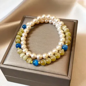Bracciale a Doppio Filo con Occhio di Gatto e Perle Artificiali Donna Colore a Contrasto Braccialetto Impilabile Stile Francese