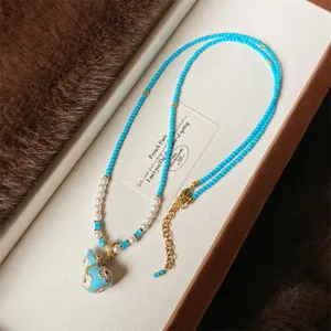 Collana con Pendente a Zucca in Smalto Blu in Nuovo Stile Cinese Etnico per Donna in Lega di Rame Turchese Ottimizzato Perla Artificiale Catena per Maglione