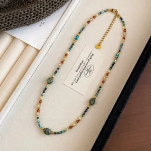 Natural Stone Agate Shell Stainless Steel Beaded Layered Necklace For Women Vintage Multi-color Sweater Chain Accessory