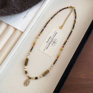 Maillard Style Tiger Eye Natural Stone Beaded Necklace Vintage Yadan Style Titanium Steel Shell Pendant Sweater Chain Jewelry For Women
