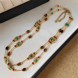 Vintage Tiger Eye Stone Beaded Necklace For Women Stainless Steel Oval Pendant Geometric Chain Jewelry Gift