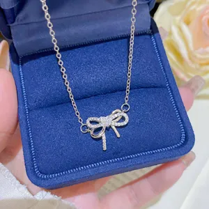 Exquisite Titanium Steel Bowknot Necklace For Women Fashion Zirconia Pendant Clavicle Chain Eco-Friendly Copper Jewelry Commuter Gift Silver