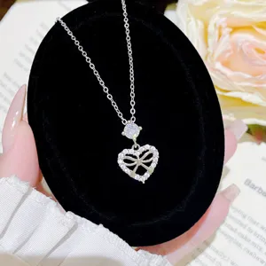 Sweet Stainless Steel Heart Pendant Necklace For Women Inlaid Zirconia Bowknot Design Elegant Daily Clavicle Chain Jewelry