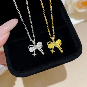 Titanium Steel Bowknot Pendant Necklace For Women Elegant Copper Star Rhinestone Clavicle Chain Sweet Style Fashion Jewelry
