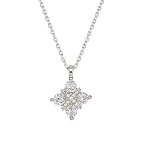 Silver-tone titanium steel necklace with a four-leaf flower pendant set with clear zircon stones