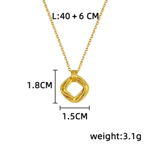 Gold-tone necklace with an open woven square pendant, shown with length and pendant dimensions