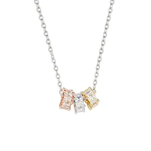 Silver chain necklace with three square-cut zircon pendants in rose gold, silver, and gold tones