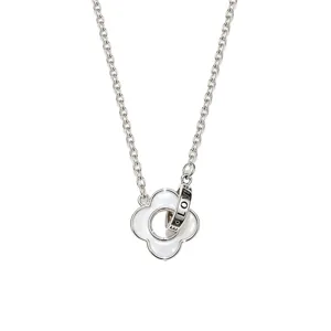 Silver-tone necklace with a white four-petal flower pendant and a ring engraved with “LOVE”