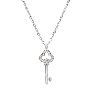 Silver-tone key pendant necklace with a sparkling four-leaf clover motif on a linked chain