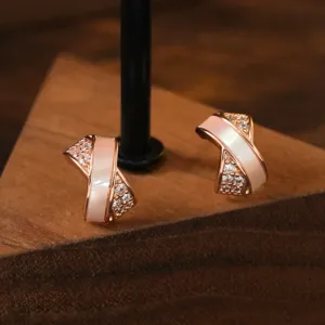 Orecchini a Bottone Incrociati in Stile Francese con Madreperla Bianca e Strass per Donna Perno in Argento Sterling 925 Rame Oro Rosa Gioielli