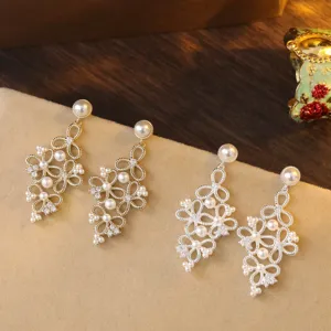 French Vintage Hollow Flower Drop Earrings Copper Zirconia Artificial Pearl Stud Earrings 925 Sterling Silver Post For Women Coffee Gold Jewelry