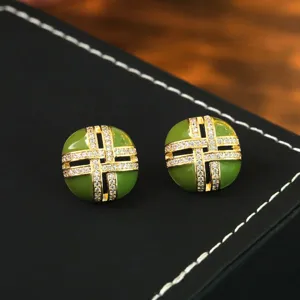 Pendientes de Botón de Esmalte Verde Retro Francés Chapados en Oro Pendientes Geométricos de Circonia Con Poste de Plata de Ley 925 Mujer