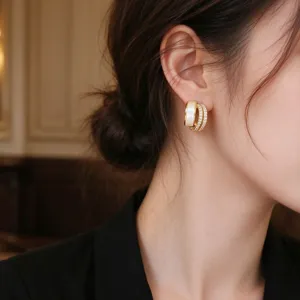 Luxury Multilayer Mother of Pearl Zirconia C-Hoop Earrings For Women Gold Plated Copper Stud Earrings Elegant Office Style Jewelry Accessories Gift