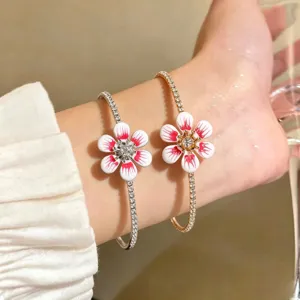 Elegant Flower Open Bangle Bracelet For Women Iron Rhinestone Enamel Adjustable Cuff Bracelet Gentle Floral Jewelry Gift