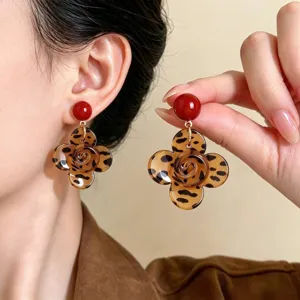 Vintage Leopard Print Flower Stud Earrings Acrylic 3D Rose Maillard Style Retro Western Earrings For Women Jewelry Gift