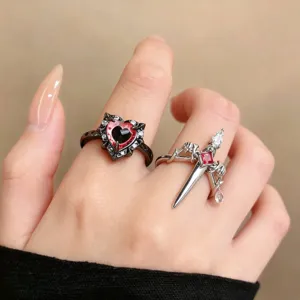 Gothic Zircon Sword Heart Ring Set For Women Dark Punk Sword Dagger Finger Rings Cool Y2K Jewelry Copper Electroplated Rings