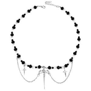 Collana gotica a più fili con perline sfaccettate nere e trasparenti, stelle e pendente a punta