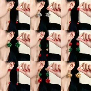 Orecchini a Nappa Lunga con Fiocco in Ferro e Strass di Natale Orecchini Pendenti a Fiore in Nastro Tridimensionale Oro Rosso Verde per Gioielli Donna