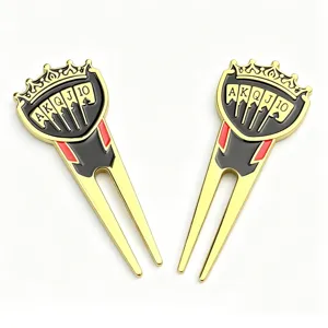 Two glossy gold pieces with black enamel, red accents, crown tops and AKQJ10 lettering