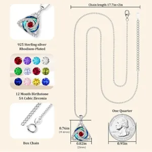 Detail collage showing multicolor birthstones, pendant dimensions, box chain, clasp and chain length