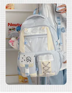 Close-up of a pale blue backpack with a clear front window, bear flap pocket and beige panels