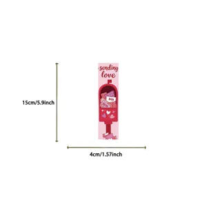 Detail view of a pink bookmark with a red mailbox, love letters, hearts and size markings