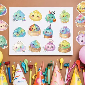 Close-up of colorful holographic dumpling stickers with white borders arranged neatly on a sheet