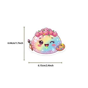 Rainbow bun character sticker with flower crown, paintbrush, palette and 4.44 × 6.15 cm size marks