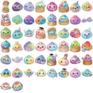 Colorful rainbow bun character stickers with glittering stars and playful accessories on white