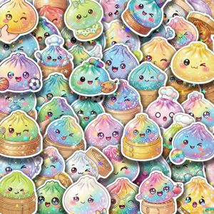 Close-up of colorful holographic dumpling character stickers in a dense collage