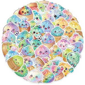 Close-up collage of colorful bun stickers with holographic glitter and star accents on a white background